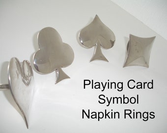 Napkin Rings Playing Card Symbols Set of 4 Serviette Ring Heart Diamond Club Spade x Silver Coloured Metal Bridge Poker Games