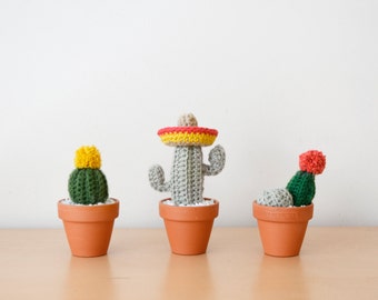 Mini Crocheted Cacti Trio (With Sombrero)