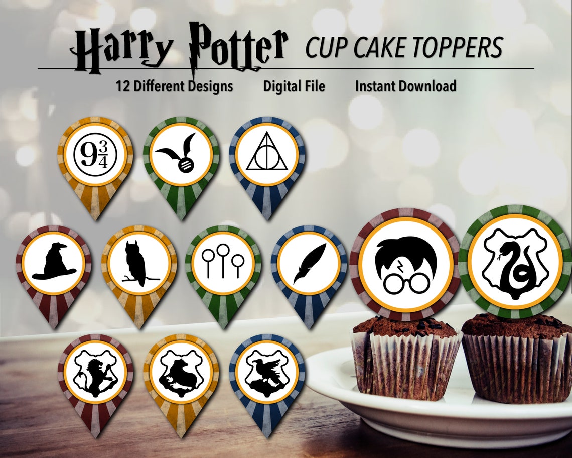 CUPCAKE TOPPERS Harry Potter and Hogwarts Houses Birthday Etsy