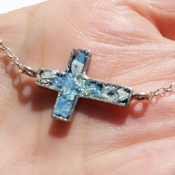 Roman Glass Cross, Sterling Silver Roman Glass Cross Pendant, Beautiful Christmas Gift For Women, Roman Glass, Cross from the holly land