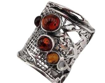 Amber ring, Wide amber ring, orange amber ring, net texture amber ring, silver Amber ring, Sterling silver and Amber gemstones ring