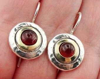 Garnet Earrings, Handmade 9K yellow Gold & Sterling Silver Garnet Earrings, Red stone Jewelry, Handmade, Gemstone Round Earrings