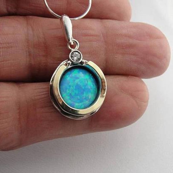 A Beautiful Gift! Gold, Sterling Silver and Blue Mosaic Opal Pendant and Necklace, Israeli jewelry, Mix metal Silver and gold jewelry
