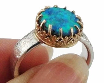 Blue Opal Ring, sterling silver ring decorated with Blue Opal and Gold