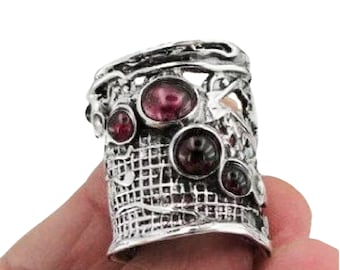 Garnet Ring, Wide Sterling Silver Ring With Garnet Gemstones, Net Textured Ring, Multi Gemstones Ring, Made in Israel