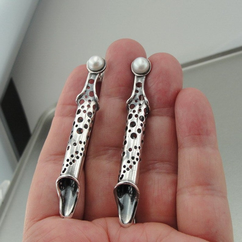 Duerry/'s Handmade Silver Pearl Long Stud Earrings