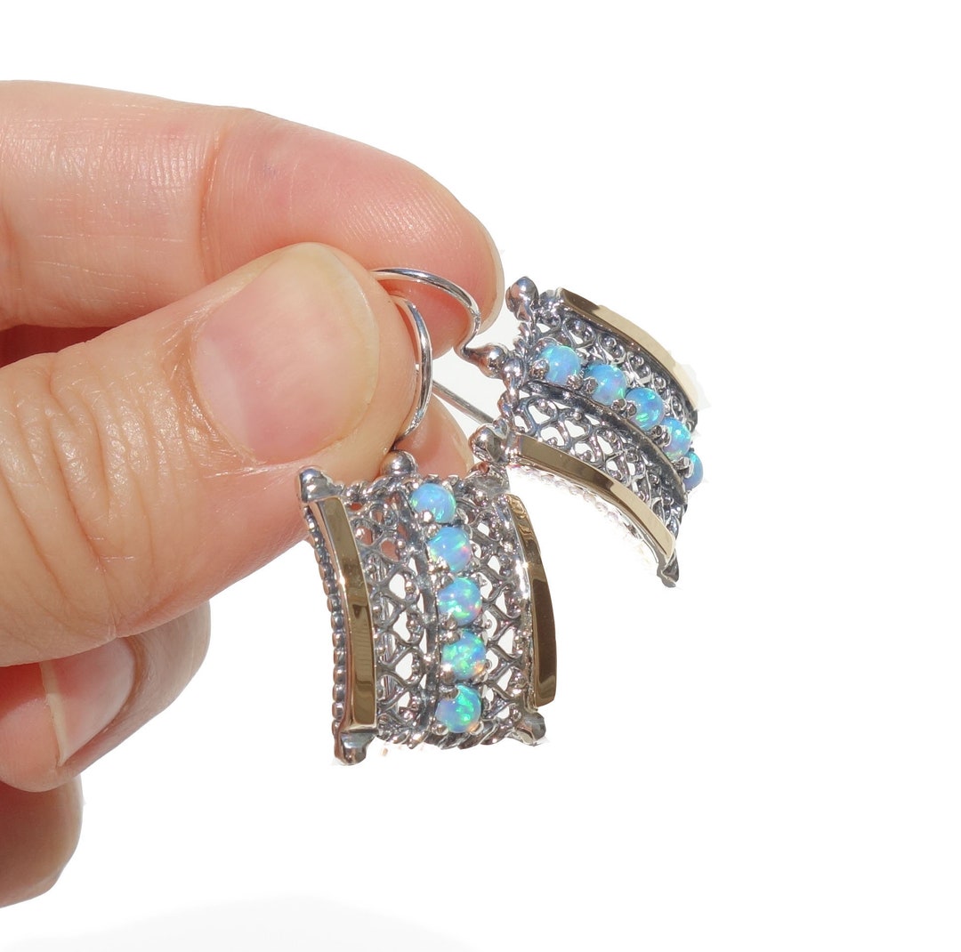 Silver Gold Earrings Decorated With Mosaic Opal, Lightweight Earrings