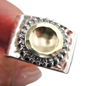 Handmade Sterling Silver and 9k Yellow Gold Wide Band with White Zircon Accents - Wide Band Ring - Rectangular Ring - Gold Designer Ring