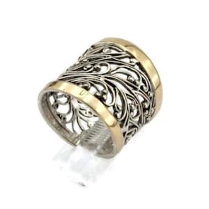Lace Sterling Silver and Yellow Gold Ring, Wide Ring, Open Work Ring, Statement Ring, Unisex Ring, Israeli Jewelry, filigree lace ring