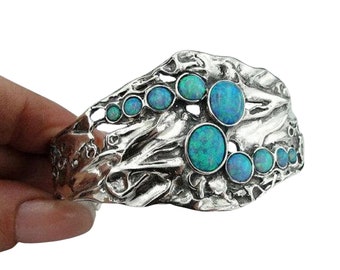 Great Opal Wide 925 Sterling Silver Cuff Bracelet, Blue Opal Silver Bracelet, statement bracelet, unique jewelry