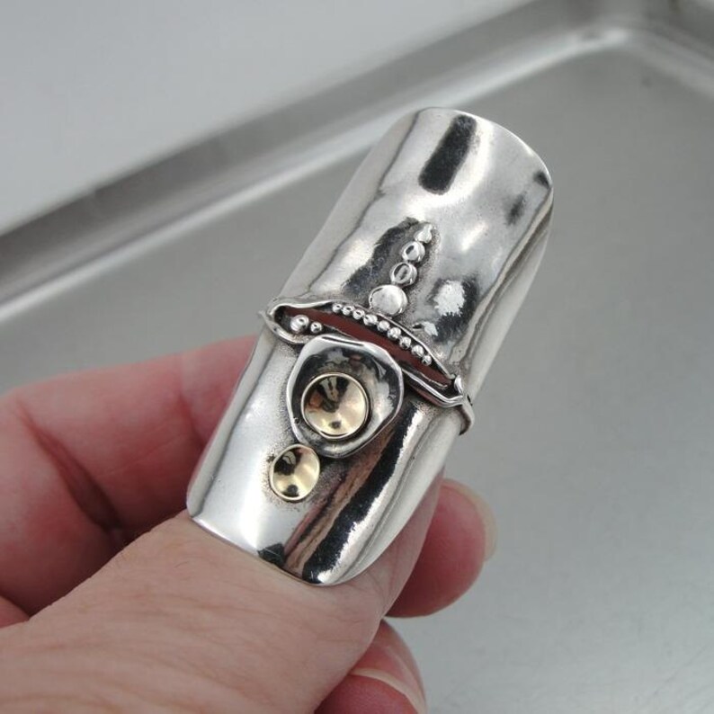 unisex ring armour style ring Long sterling silver decorate with GOLD dots