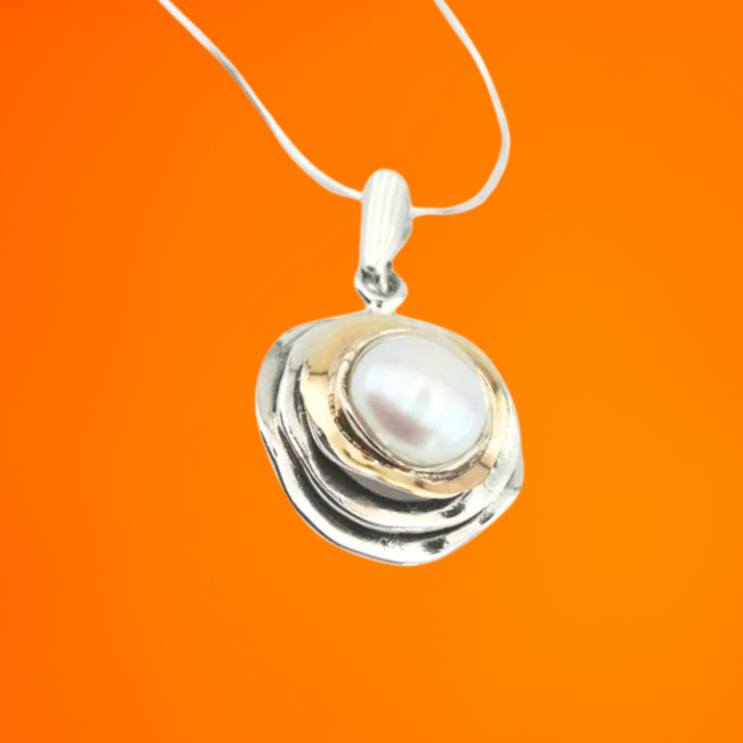Pearl pendant, Round pearl pendant, Silver and gold Pendant, Pearl necklace, Israeli jewelry, Israeli design, gift for her, Pearl necklace