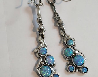 Elegant Long Mosaic Opal gemstones These Earrings are made of solid Sterling silver Statement and Elegant style, very light, Israeli Jewelry
