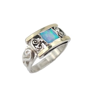 Silver and Gold Mosaic Opal Ring, Gift for her, Beautiful Mix Metals ring, Israeli Jewelry - Part of a set