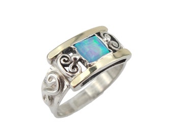 Silver and Gold Mosaic Opal Ring, Gift for her, Beautiful Mix Metals ring, Israeli Jewelry - Part of a set