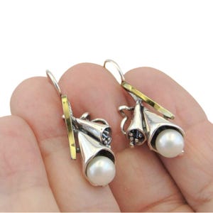 Solid Sterling Silver and Gold Pearl Earrings Dangle - Freshwater Pearl Earrings - 9K Yellow Gold Pearl Earrings - Bridal Freshwater Pearls
