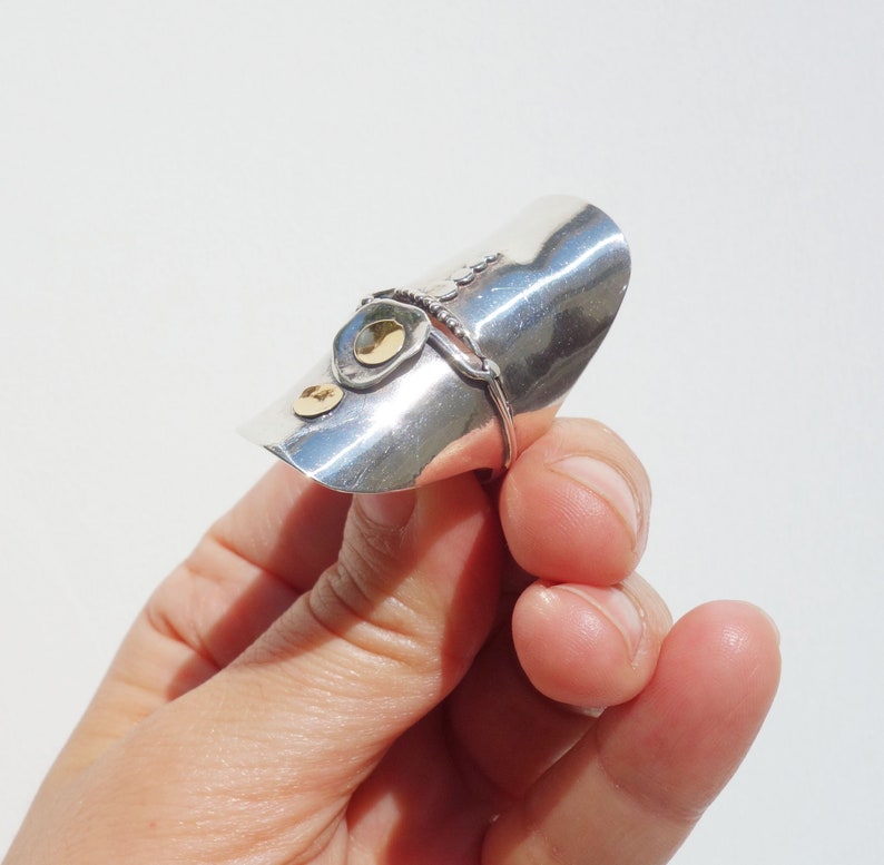 unisex ring armour style ring Long sterling silver decorate with GOLD dots