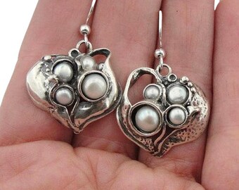 Heart Shape Earrings with Pearls, Natural Pearl Earrings, Sterling Silver White Pearl Drop Earrings, Pearl Earings Dangle, Israeli Jewelry