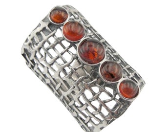 Long Silver Amber Ring, Handcrafted Sterling Silver Ring, Woman's Gift, Natural Honey Amber, Gemstone Silver Ring, Made in Israel
