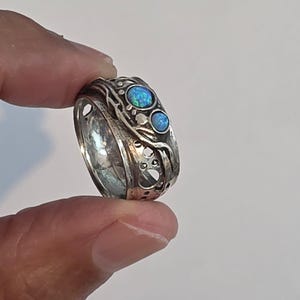 Anillo de mujer con ópalo de banda ancha en plata de ley 925 con diseño de Israel, talla 9, regalo (h 1332b)