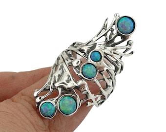 Gemstone Jewelry, Sterling Silver Opal Ring, Long Ring, Handcrafted Opal Ring, Blue stone Ring, October birthstone