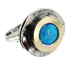 Sterling Silver with 9K Yellow Gold Decorated with Blue Opal, silver and gold ring, opal ring, Christmas