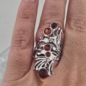 Anillo largo de ámbar 925, anillo de ámbar de plata esterlina hecho a mano tamaño 7, banda de plata de ámbar, anillo de ámbar miel, regalo de cumpleaños (H 1588