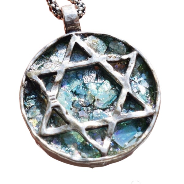 Star of David decorated Round 925 Sterling Silver Roman Glass Pendant, two ways to wear, Israeli jewelry, gift for him, gift for her