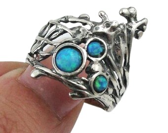 Unique, sterling silver ring with mosaic Blue Opal