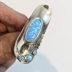 Bold Solid Silver Blue Opal Ring, 925 Sterling Silver Opal Ring, Long Ring, Handcrafted Opal Ring,Blue stone Ring,  October birthstone