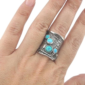 Wide Sterling Silver Opal Ring - Israeli Jewelry - Blue Mosaic Gemstones - Unisex Men&#39;s Ring - Handcrafted Net Texture Design - Multi Gems