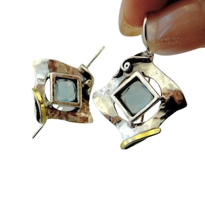Handmade Sterling Silver and 9k Yellow Gold Blue Topaz Zircon CZ Earrings - Blue Topaz Dangle Drop Earrings - Handmade Blue Topaz Earrings