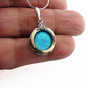 Round Blue Opal Pendant, bright blue pendant, CHRISTMAS GIFT, Blue opal Pendant, Silver and gold pendant, yellow gold pendant, Gift for her