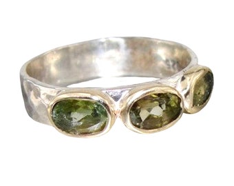 Tourmaline Ring, Sterling silver and Yellow Gold Ring Decorated with Green tourmaline ring ,Multi Gemstones ring, Green gemstone ring
