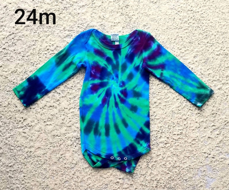 Size 12 and 24 month Green Blue and Purple Spiral Tie Dyed Long Sleeve Infant Onesies