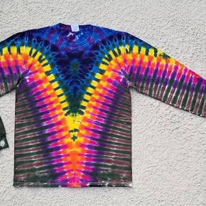 Rainbow with Brown and Forest Green Tie Dyed &quot;V&quot; Pattern Long Sleeve Adult Tees