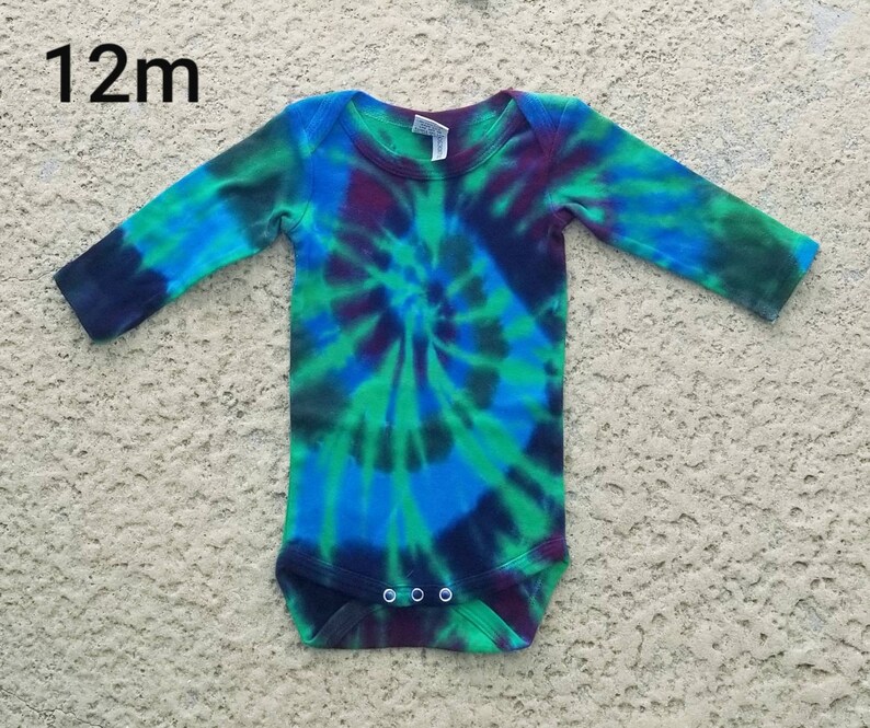 Size 12 and 24 month Green Blue and Purple Spiral Tie Dyed Long Sleeve Infant Onesies