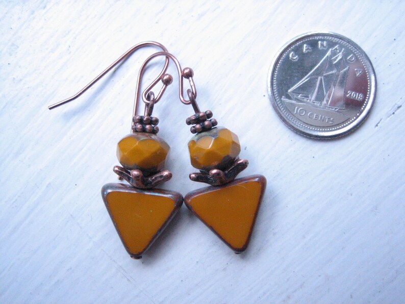 Mustard yellow earrings ochre earrings Czech glass Boho copper and ocher triangle earrings ocher drops mustard glass