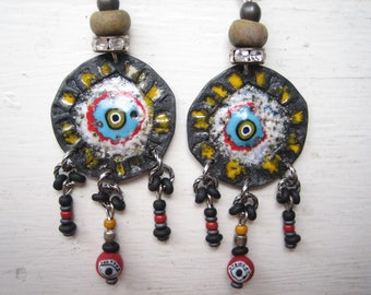 Eye earrings, artisan enamel, modern pop art jewellery, evil eye dangles, handcrafted, Boho handmade, unique OOAK, mystic eye, disc drop