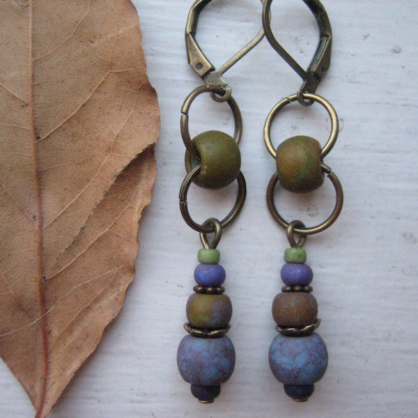 Rustic aged glass earrings, Boho dangles, earthy Czech bead, modern hippie, earth colours, primitive style, Bohemian drop, tribal vibe