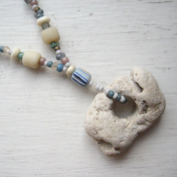 Hag stone necklace, natural beach stone, beaded organic earthy, ocean jewellery, adder stone, witches stone, sea stone, sea and shore