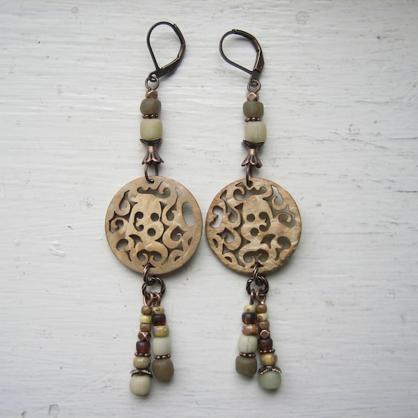 Boho earrings, organic disc dangles, long bead, neutral colours, rustic earthy beige brown, vintage button earrings, coconut shell earrings