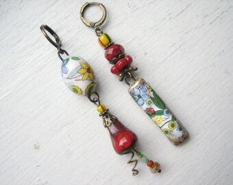 Boho mismatched earrings, asymmetrical dangles, floral pattern, ceramic and glass, red white yellow blue, artsy Bohemian, unique OOAK gift