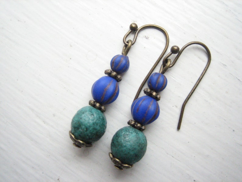 bright blue Czech glass bead drops small teal green Blue and teal dangle earrings everyday jewelry casual earrings Boho minimal