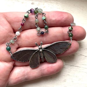 Moth necklace, gemstone and pewter, night insect, handmade jewellery