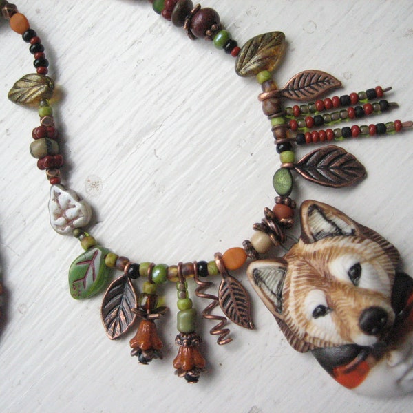 Tribal necklace, artisan ceramic, wolf necklace, shamanic wolf mask, handmade porcelain, spiritual nature, wolf totem, unique earthy