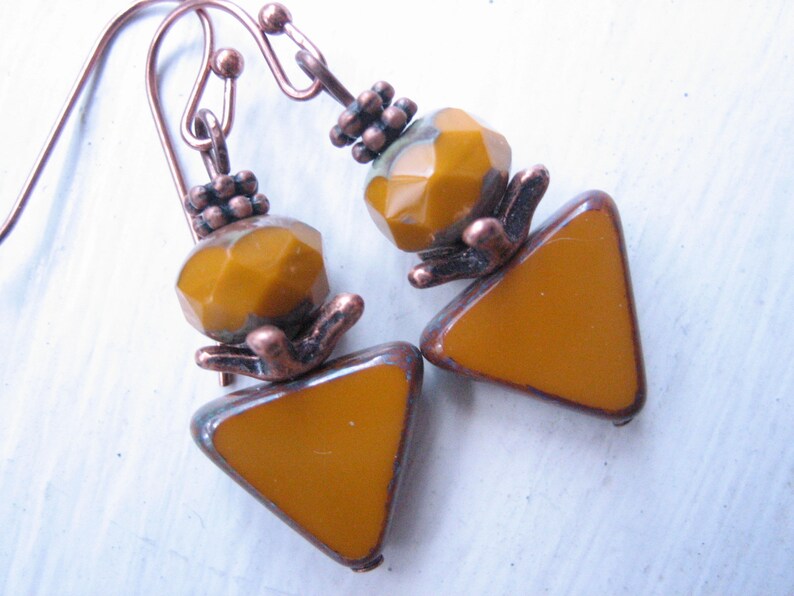 Mustard yellow earrings ochre earrings Czech glass Boho copper and ocher triangle earrings ocher drops mustard glass
