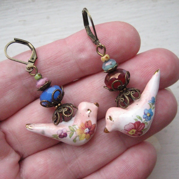 Whimsical bird earrings, artisan porcelain, mismatched dangles, woodland nature, cottage core, handmade jewelry, handcrafted rustic, floral