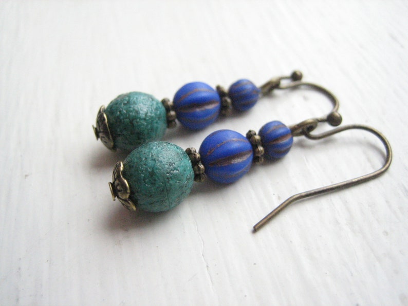 bright blue Czech glass bead drops small teal green Blue and teal dangle earrings everyday jewelry casual earrings Boho minimal
