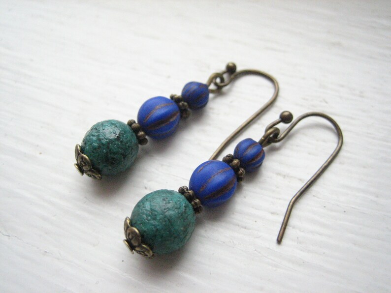 bright blue Czech glass bead drops small teal green Blue and teal dangle earrings everyday jewelry casual earrings Boho minimal